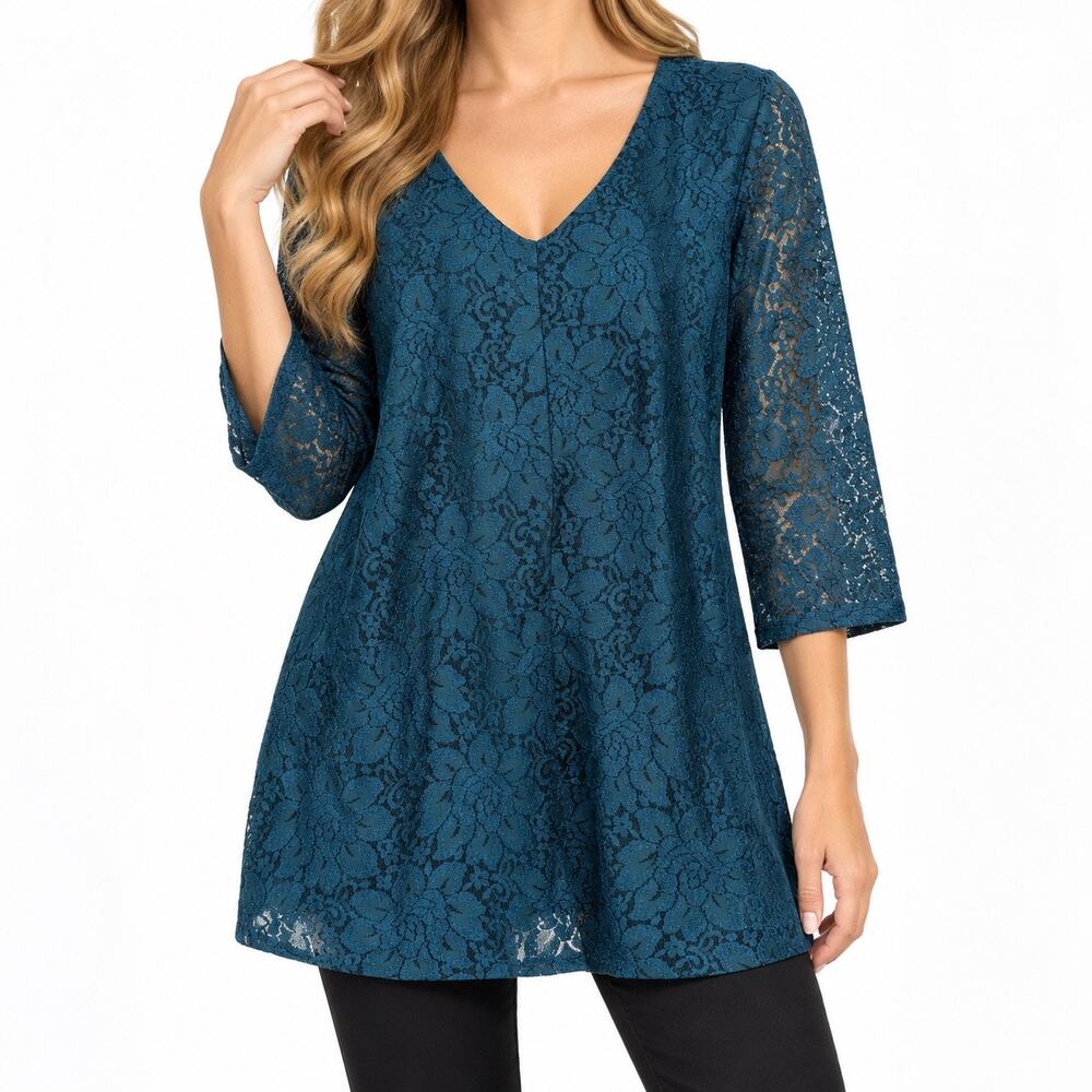 Linea by Louis Dell'Olio Womens 2X Teal Lace Wearable Art Blouse Shirt Top